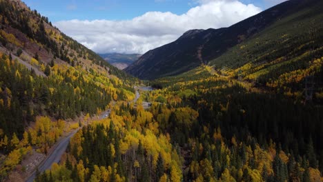Flying-over-golden-aspens-along-road-through-mountain-pass-in-Colorado,-Aerial