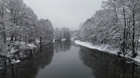 Calm-water-flow,-river-surrounded-by-white-snowy-winter-forest