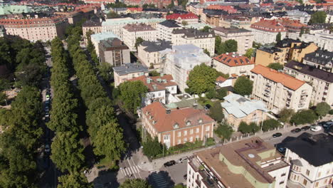 Scandic-Park-Hotel,-Stockholm---Aerial-Tilt-Up-To-Reveal-Cityscape