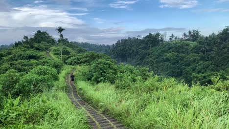 Campuhan-Ridge-Walk-In-Ubud,-Bali,-Indonesien,-Trekkingweg,-Klarer-Blauer-Himmel,-Grüne-Aussicht-Auf-Den-Hügel