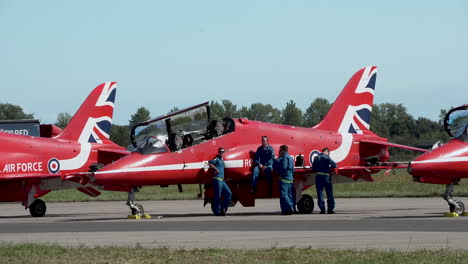 Group-Of-Red-Arrows-Aerobatic-Pilots-At-The-Airfield-In-Gdynia,-Poland-During-LOTOS-Gdynia-Aerobaltic-2021