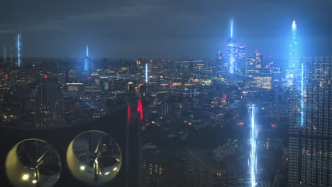 Glowing-energy-rays-on-high-tech-cyber-city-skyline-of-London,-UK---aerial-reveal---3D-Graphics
