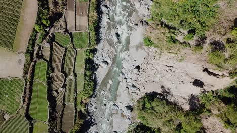 rocky-mountain-river-water-flowing-next-to-farms-rice-paddy-terrace-gardens-sunny-day-mountain-community-in-remote-area-of-Kabayan-Benguet-Philippines-stationary-wide-angle-bird's-eye-view