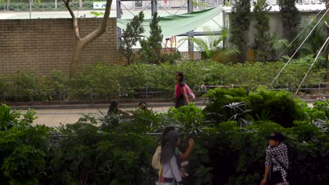 Green-fresh-park,-slow-motion-of-people-walking-inside-garden-in-city-center