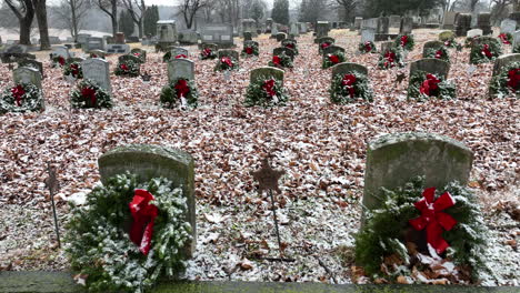 Close-up-of-wreaths-on-headstones-marks-in-graveyard