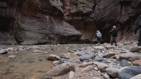 Gente-Disfrutando-Del-Sendero-Estrecho-En-El-Parque-Nacional-Zion,-Utah