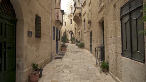Callejón-Decorado-Con-Plantas-Y-Casas-Con-Puertas-Cerradas-En-Birgu,-Malta