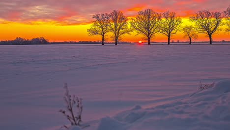 Wunderschöne-Malerische-Winterlandschaft-Mit-Sonnenaufgang-Und-Buntem-Himmel---Sonnenlichtreflexion-Auf-Schneebedeckter-Oberfläche