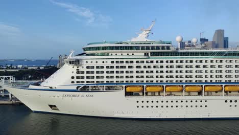 Luxury-cruise-ship-docked-on-port-in-Miami,-USA-video-background-|-Panoramic-view-of-a-Cruise-ship-docked-on-cruise-port-terminal-in-Miami-video-background-in-4K
