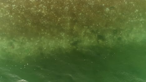 Luftaufnahme-Des-Transparenten-Blauen-Meeres-Mit-Wellen-Auf-Beiden-Seiten-Und-Menschen-Am-Sandstrand-Bei-Sonnenuntergang