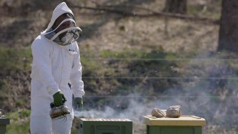 BEEKEEPING---Beekeeper-smokes-a-hive,-which-prevents-aggression,-wide-shot