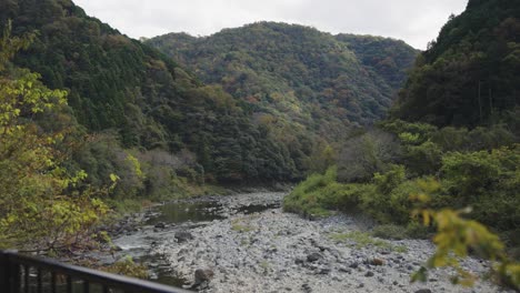 Beautiful-Autumn-Mountains-along-abandoned-Fukuchiyama-Railway,-Hyogo-Japan