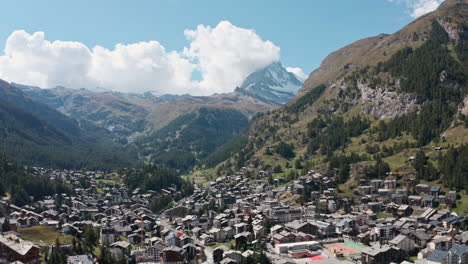 Dolly-forward-drone-shot-over-Zermatt-Switzerland-towards-the-Matterhorn