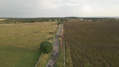 Aerial-drone-footage-of-a-rural-country-train-between-two-fields