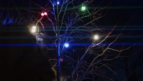 Niedrigwinkelansicht-Eines-Von-Bunten-Glühbirnen-Beleuchteten-Baumes-Während-Des-Porvoo-Lichtfestivals-Uusimaa-In-Finnland-Nachts-Im-Winter