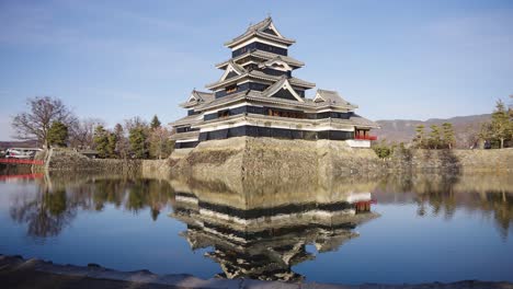Castillo-De-Matsumoto-Reflejado-En-Foso,-Tiro-De-Establecimiento-De-Nagano-De-Invierno,-Japón