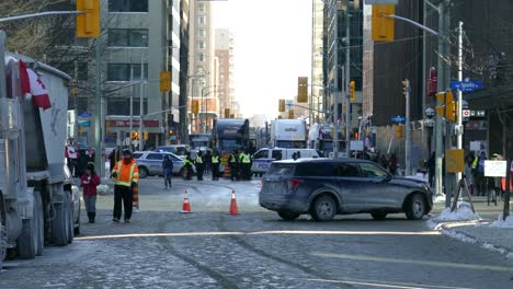 Police-in-Downtown-Ottawa-Block-Convoy-of-Canadian-Truckers-Advancing-Preventing-Disruption-to-City-Traffic