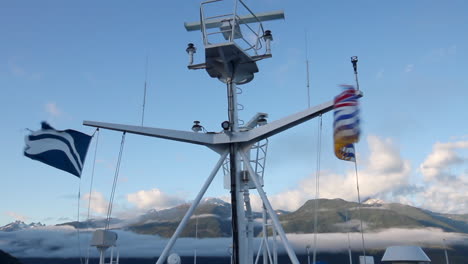 Communication-mast-tower-on-BC-Ferries-with-flags,-radar-and-lights