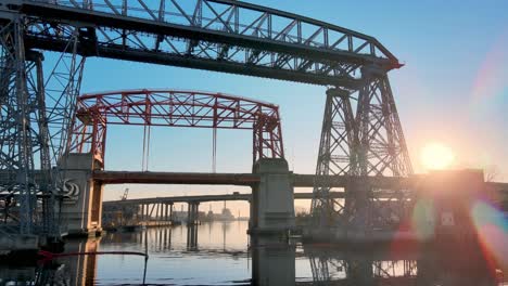 Low-close-push-out-of-famous-steel-bridges-in-Buenos-Aires-at-sunrise