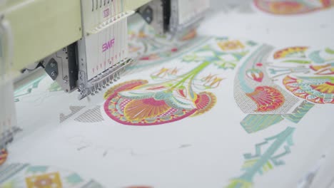 Closeup-shot-of-SWF-Sewing-Machine-stitching-pattern-on-table-cloth-in-factory