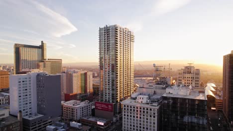 Spire-Condos-Condominium-Complex-In-Downtown-Denver,-Colorado-During-Golden-Hour-Sunset
