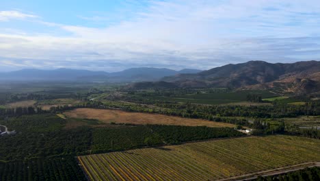 Aerial-orbit-of-green-farm-fields-and-tree-forest-surrounded-by-mountains-on-a-cloudy-day,-Cachapoal-Valley,-south-of-Santiago,-Chile
