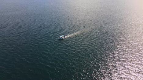 Aerial-footage-of-fishing-boat-dolphin-watching-in-the-ocean