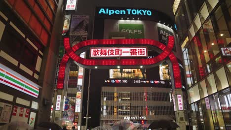Red-Flashing-Neon-Signs-of-Kabuki-Cho-Street,-Rainy-Night-Scene