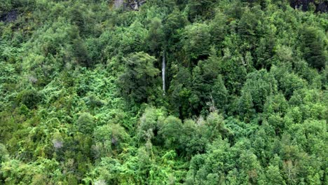 Aerial-view-truck-left-of-a-small-waterfall-hidden-among-trees-in-the-Cochamo-Valley,-Chile