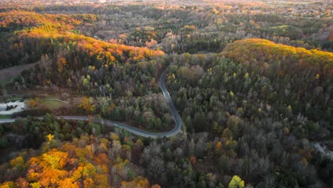 Colorful-Autumn-valley-scene-at-Sunset-with-winding-road-and-cars-driving-through-forested-hills-in-dense-wooded-region-during-the-fall-season