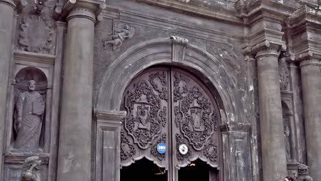 A-low-angle-view-of-the-centuries-old-San-Agustin-church-in-Intramuros,-Manila-showing-its-rich-Spanish-architectural-character