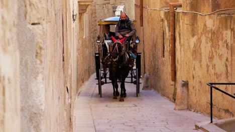 Freizeitfahrt-Mit-Der-Pferdekutsche-In-Den-Engen-Gassen-Von-Mdina,-Malta