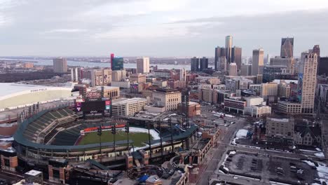 Aerial-Of-Comerica-Park-Baseball-Field-With-Detroit-Skylines-At-The-Background-In-Michigan,-USA