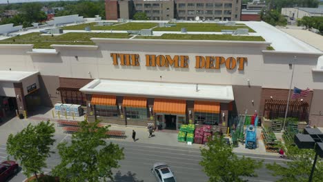 Static-Drone-Shot-of-People-Walking-into-Home-Depot-on-Busy-Holiday-Weekend-in-Summer