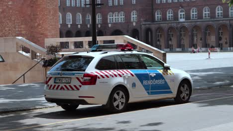 Warning-lights-flashing-on-parked-police-car-in-Szeged,-Hungary