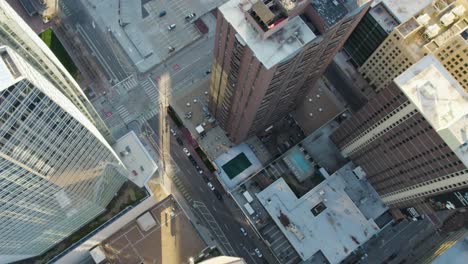 Downtown-buildings-drone-movement-establishing-shot-in-Denver,-Colorado