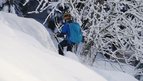 Whip-zoom-action-shot-of-man-skiing-down-and-breaking