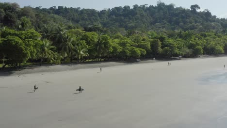 A-surfer-carrying-his-surfboard-walks-along-a-large-sandy-beach-in-tropical-Costa-Rica-on-a-sunny-day,-drone-following-pan-shot
