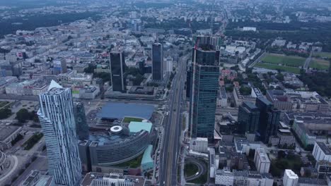 A-drone-video-of-skyscrapers-in-Warsaw,-Poland's-city-center
