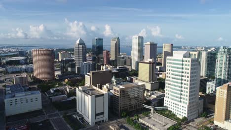 High-altitude-4K-aerial-push-in-video-clip-through-skyscrapers-in-downtown-Tampa,-FL
