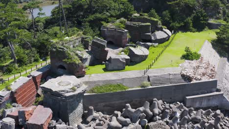 Laputa-Island-Ruins-of-Tomogashima,-Aerial-Orbit-Shot,-Wakayama-Japan