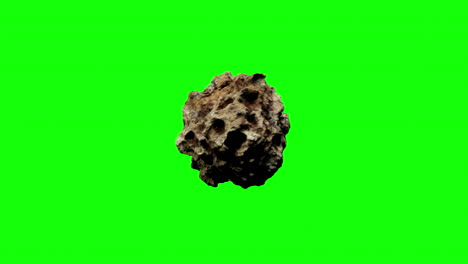 Braungrauer-Asteroid-Mit-Kerben-Und-Dellen-Fliegt-Von-Links-Nach-Rechts-Vorbei,-Während-Er-Sich-Auf-Dem-Greenscreen-Dreht