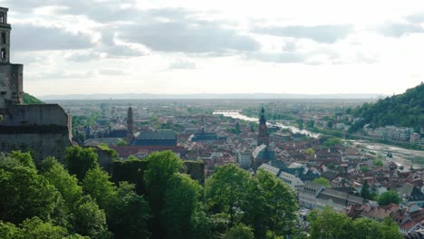 Pan-across-Heidelberg-german-Castle,-old-town-Altstadt-and-city-scenic-view