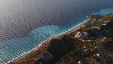 Drone-flight-reveals-stunning-coastline-of-Lefkada,-including-Megali-Petra-beach