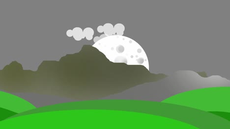 Animierte-Illustration-Vollmond-Nachthimmel-Skurrile-Berglandschaft-Hügellandschaft