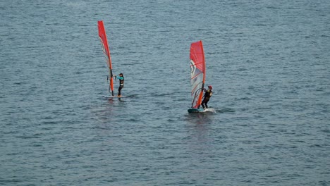 Korean-People-Windsurfing-on-Han-River,-Seoul,-One-man-in-a-mask-lost-control-of-the-sail-crashes-and-falls-into-the-river-water