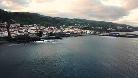 Aerial-footage-of-Vila-Franca-do-Campo-town-at-sunset-in-Sao-Miguel,-Azores-Islands