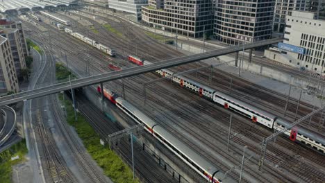 Birds-Eye-Aerial-View-of-Trains-in-Zurich's-Central-Station