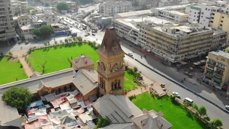 Aerial-Flying-Over-Empress-Market-Surrounded-By-Green-Gardens-In-Saddar-Town