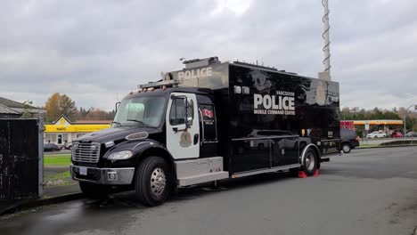 A-shot-of-a-Police-truck-set-up-as-the-VPD-Mobile-Command-Centre-in-Abbotsford,-the-unit-providing-coordination-support-for-the-area-deeply-affected-by-the-floods-in-British-Columbia,-Canada